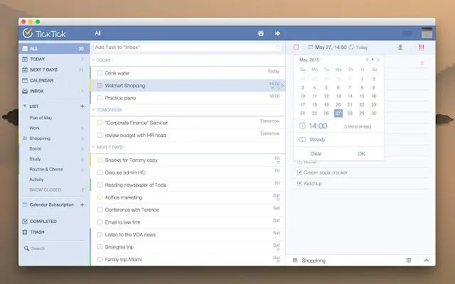 Panel de control de TickTick