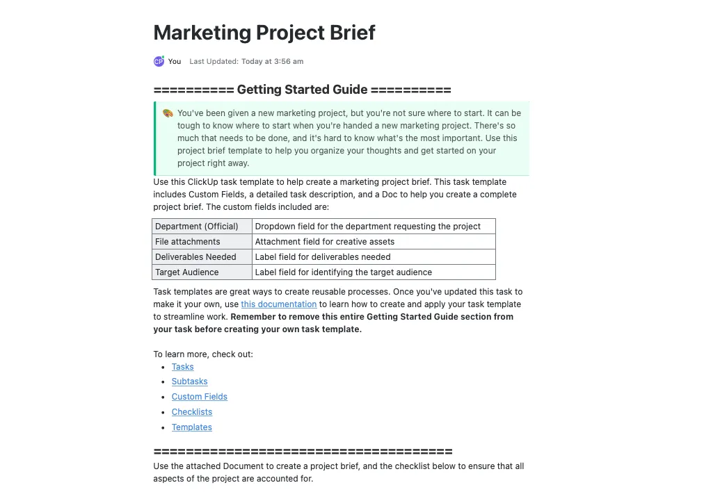 Use o modelo de briefing de projeto de marketing da ClickUp para ajudar você a organizar suas ideias e começar seu projeto imediatamente.