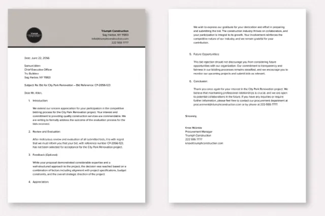 เทมเพลตจดหมายปฏิเสธการประมูลงานก่อสร้างของ Google Docs โดย Template.net