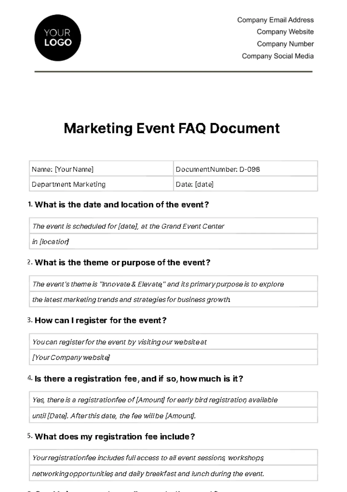 Modèle de FAQ par Template.net Document FAQ sur les évènements marketing par Template.net : fournissez aux participants des informations claires sur les évènements.