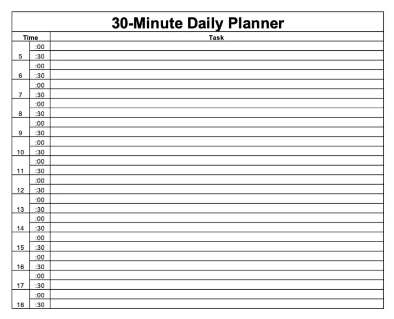 Mẫu phân chia thời gian trong Excel: Mẫu kế hoạch hàng ngày 30 phút trong Excel của Quidlo