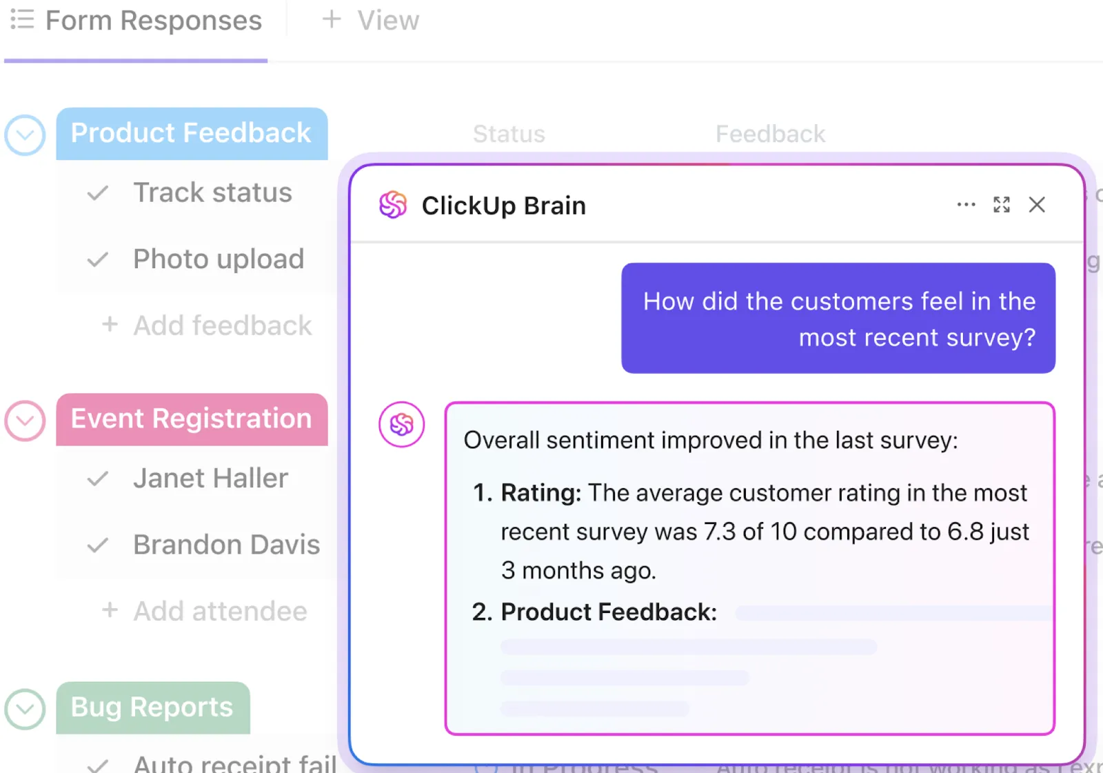 Analiza los datos del envío de formularios en tiempo real y obtén información de la IA con ClickUp Brain