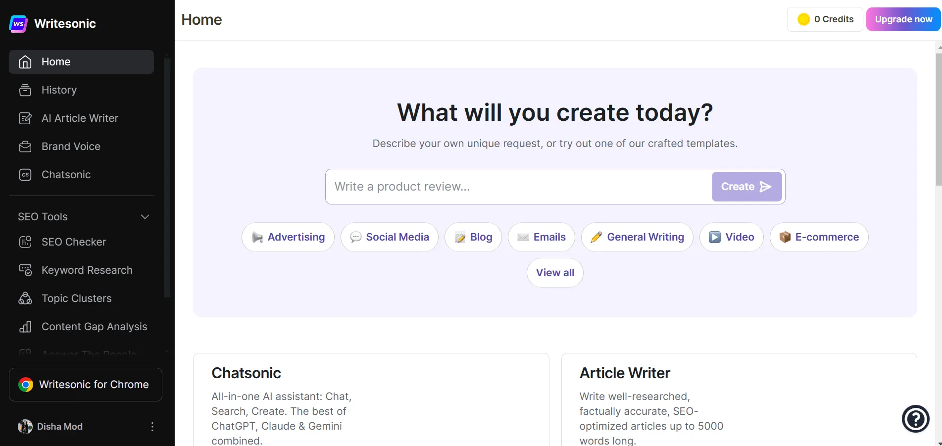 Panel de control de Writesonic: redactor de blogs con IA