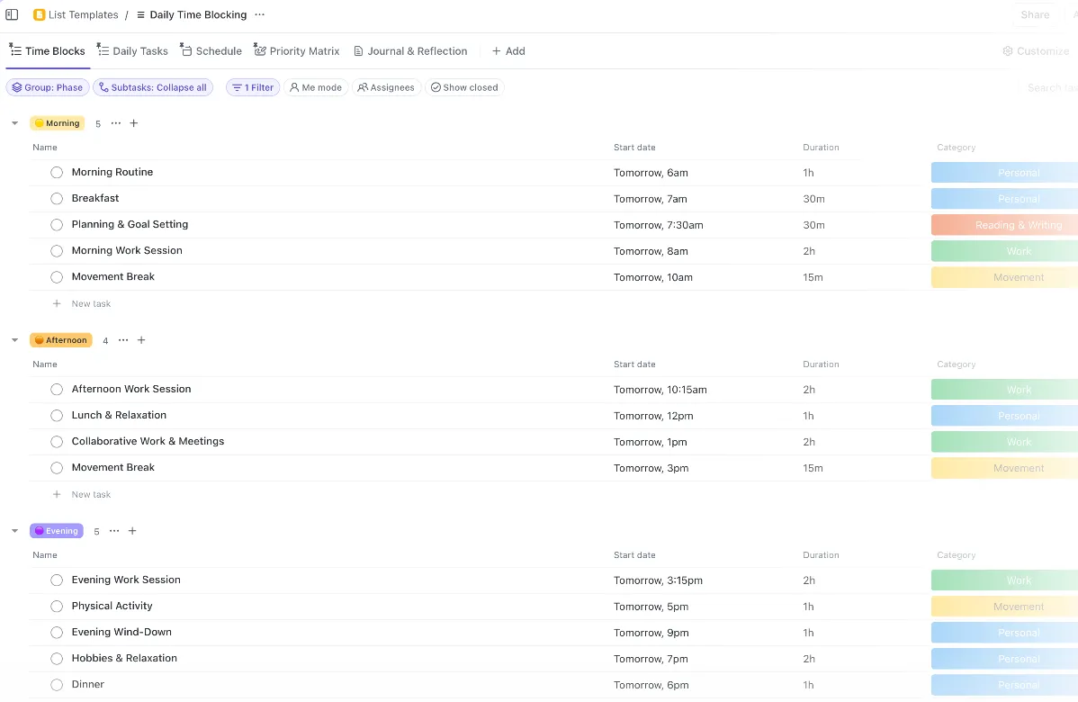 Tieni facilmente traccia del tuo tempo utilizzando il modello ClickUp Daily Time Blocking.