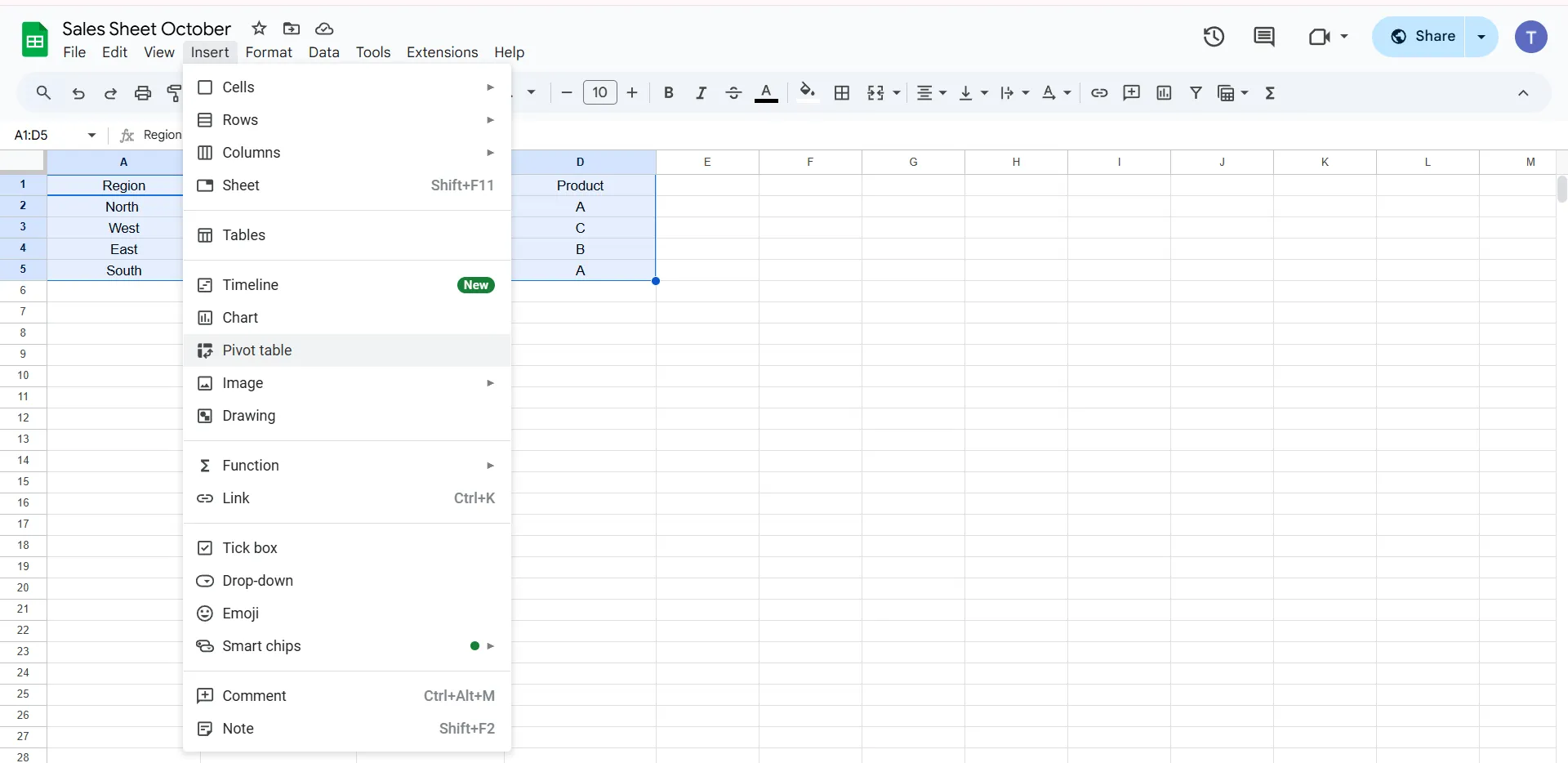 Pivottabelle in Google Tabellen erstellen: Wählen Sie „Pivottabelle“ aus.