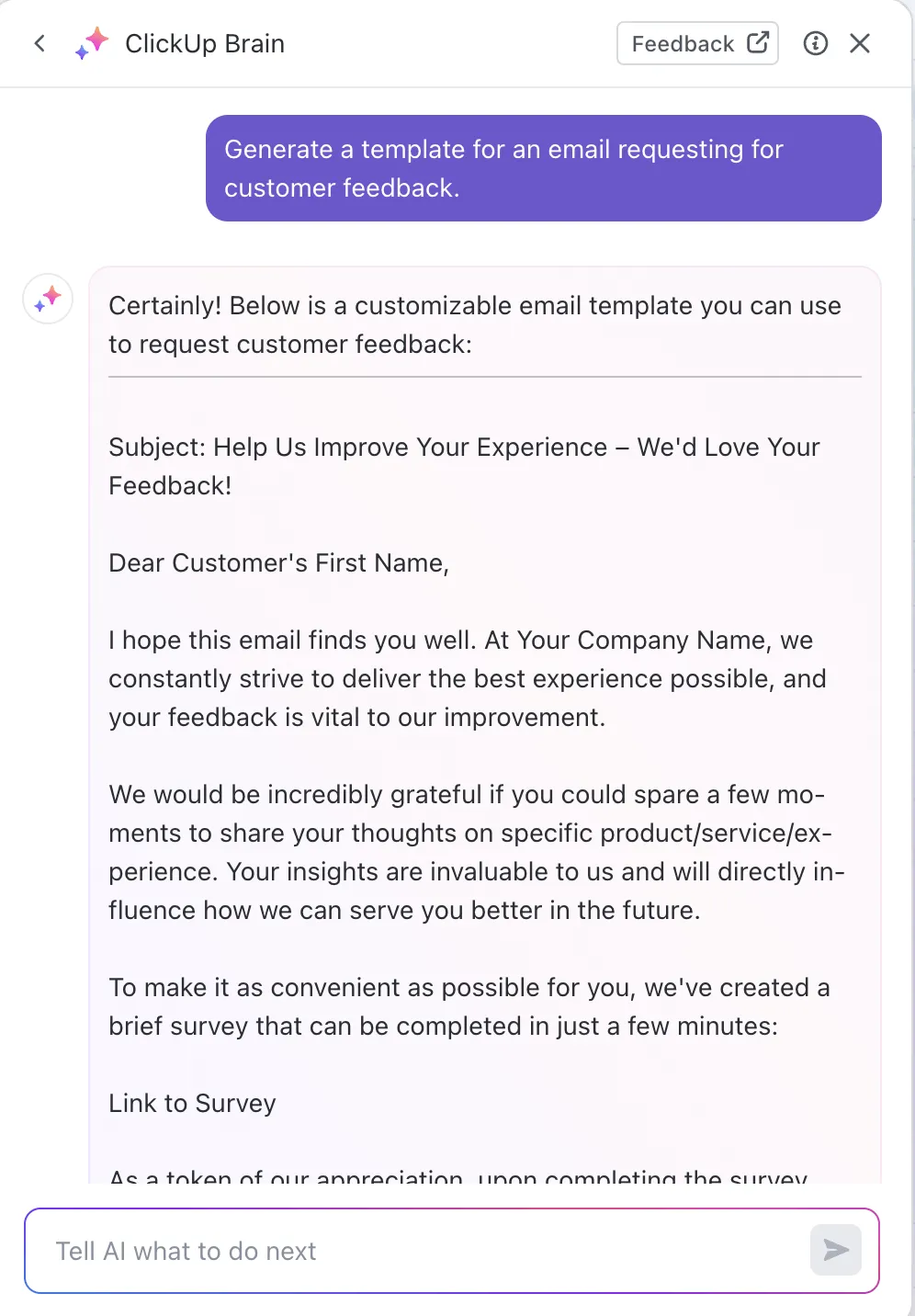 Tạo mẫu email bằng ClickUp Brain