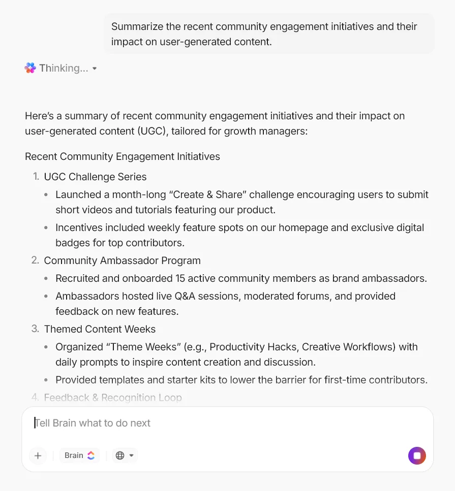ClickUp Brain ile tüm Çalışma Alanı güncellemeleriniz hakkında ayrıntılı özetler alın.