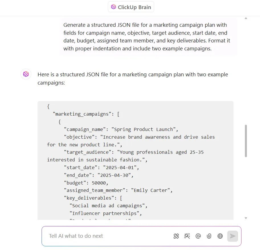 ClickUp Brain'i kullanarak anında yapılandırılmış JSON oluşturun