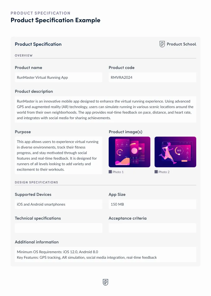 Пример за продуктови спецификации от Product School