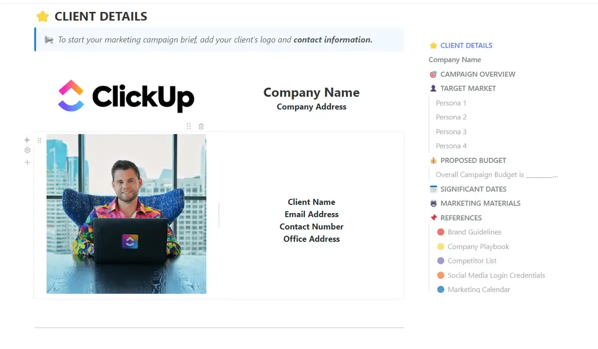 ClickUps Vorlage für Marketingkampagnen-Briefings