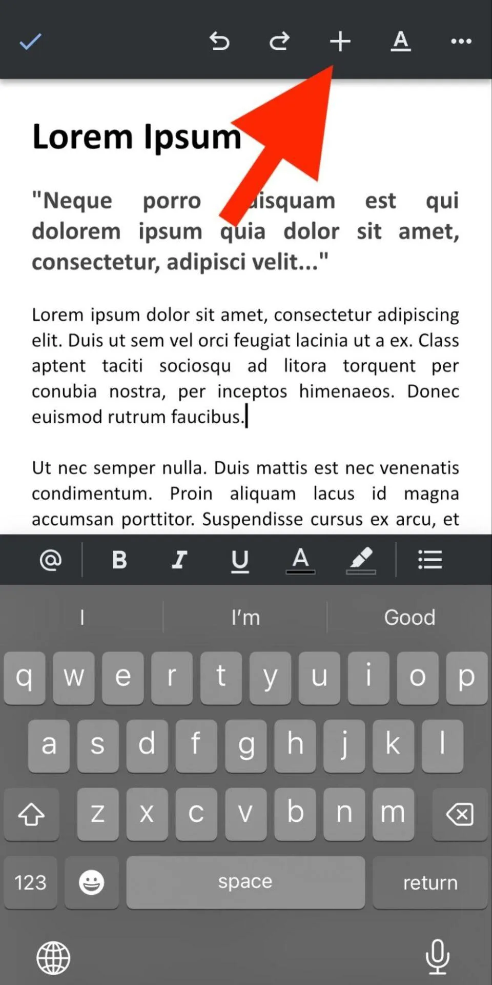Klik ikon ā+ā di bagian atas layar Anda untuk membuka menu āSisipkanā di Google Docs