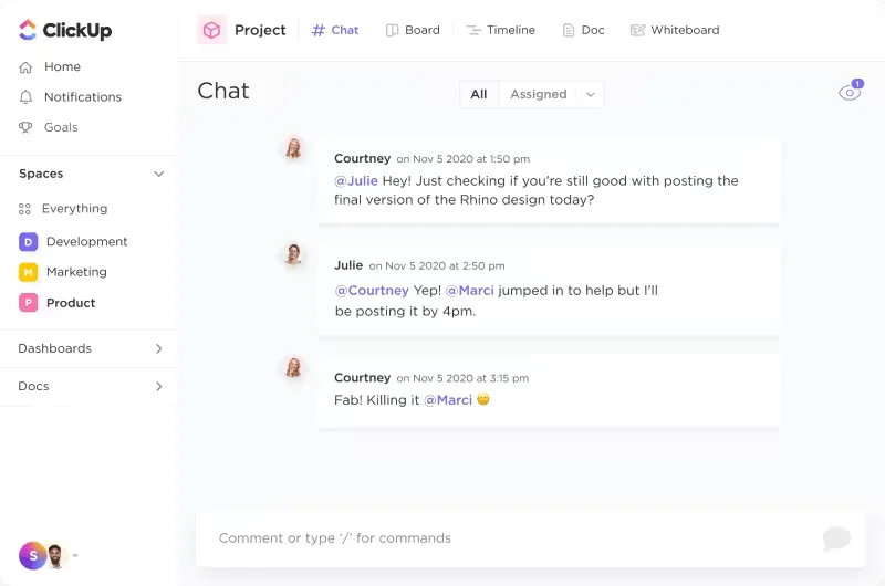 Vista de chat de ClickUp