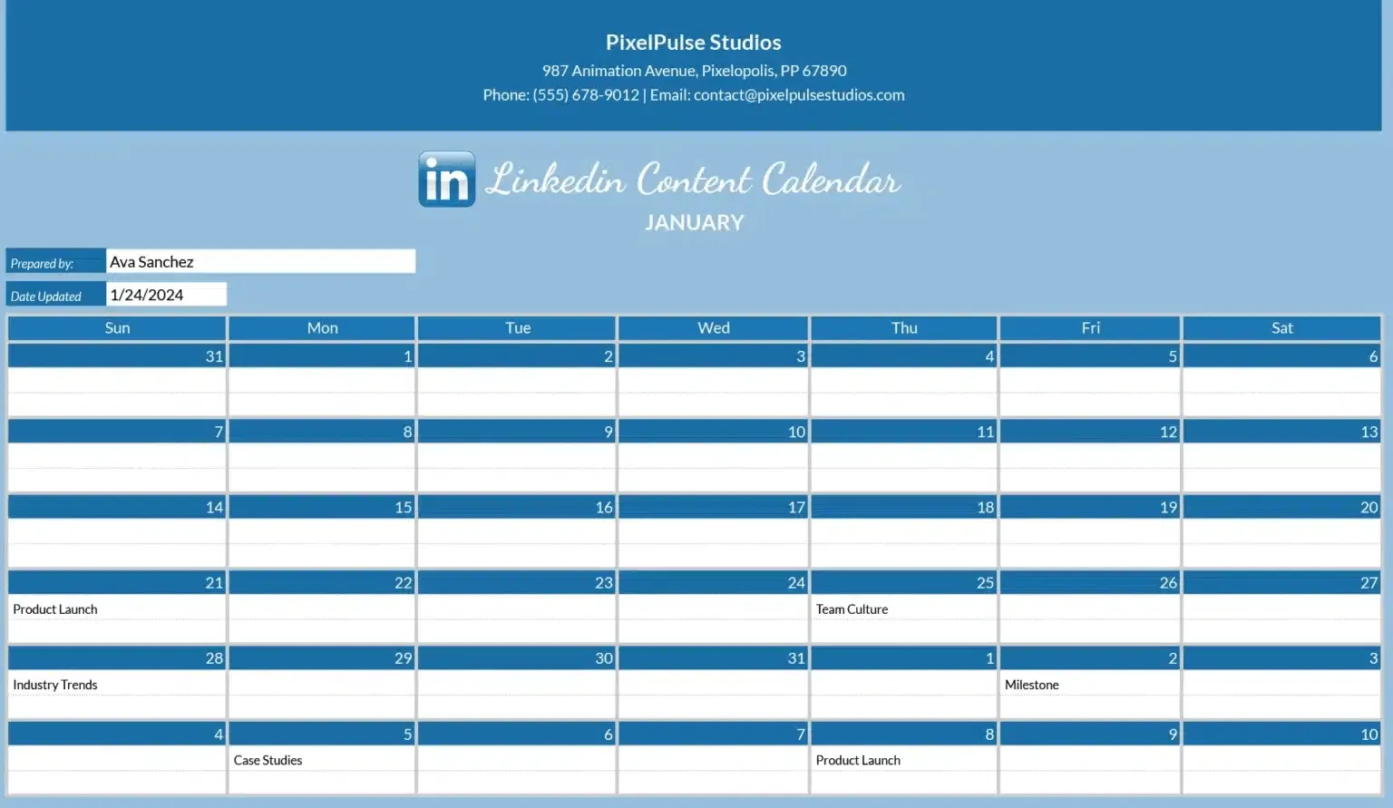 Modèle de calendrier LinkedIn pour Excel/Google Sheets par Coefficient