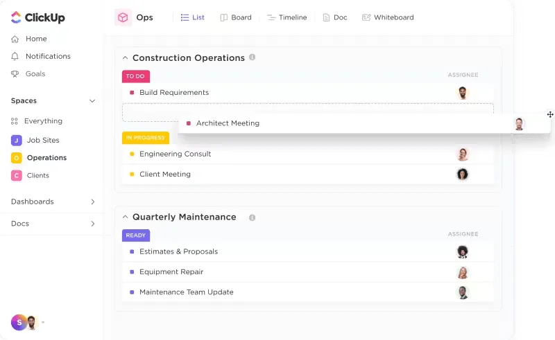 Gérez plusieurs axes de travail de projets de construction en un seul avec ClickUp