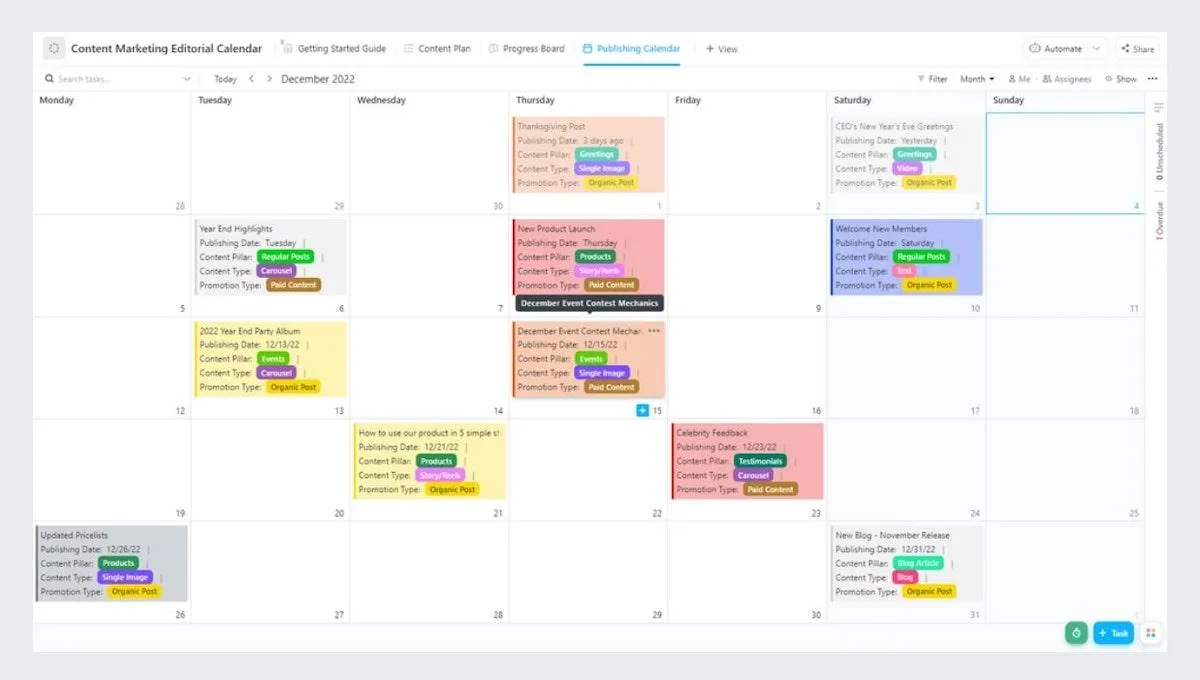 ClickUp-Vorlage für den Redaktionskalender für Content-Marketing