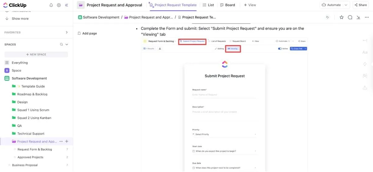 Безплатен шаблон за заявка и одобрение на проект от ClickUp