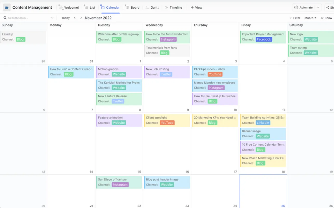 Exibição do calendário do ClickUp