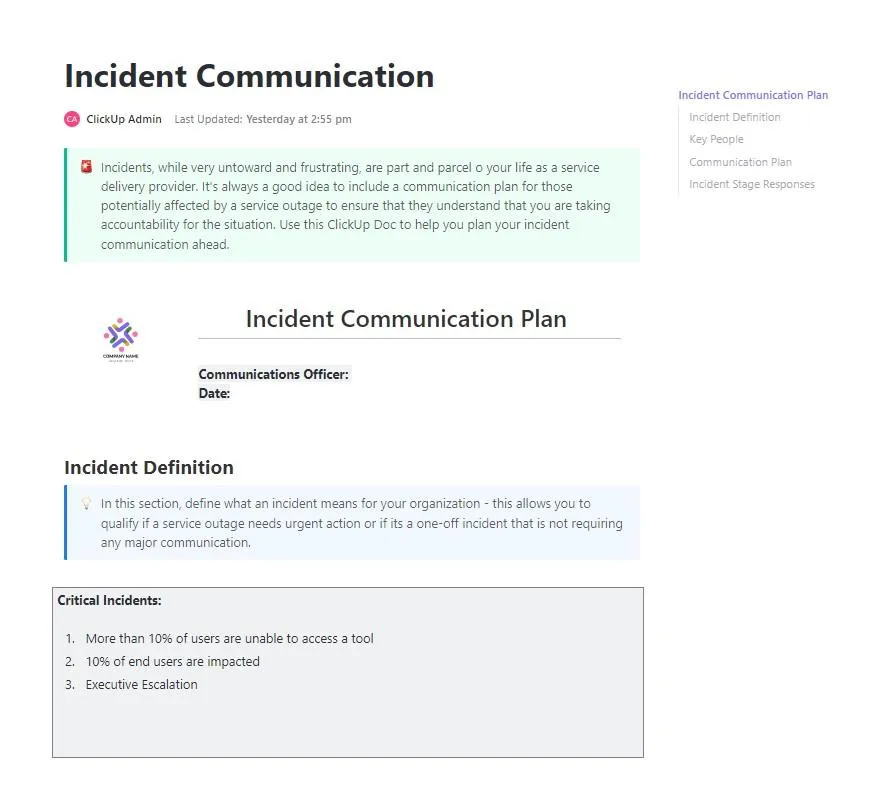 ClickUp-Vorlage für einen Plan für die Kommunikation bei Incidents