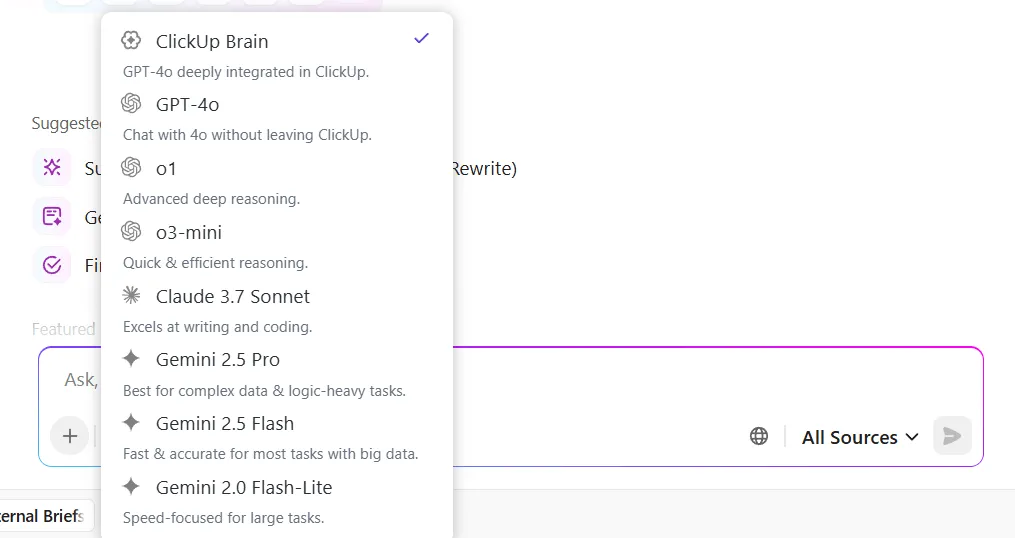 ClickUp Brain: adotta il cambio di modello IA senza dover eseguire il debug delle funzionalità/funzioni IA