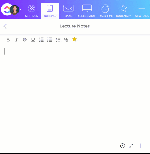 Edição de texto rico no recurso Bloco de notas do ClickUp para atas de reuniões