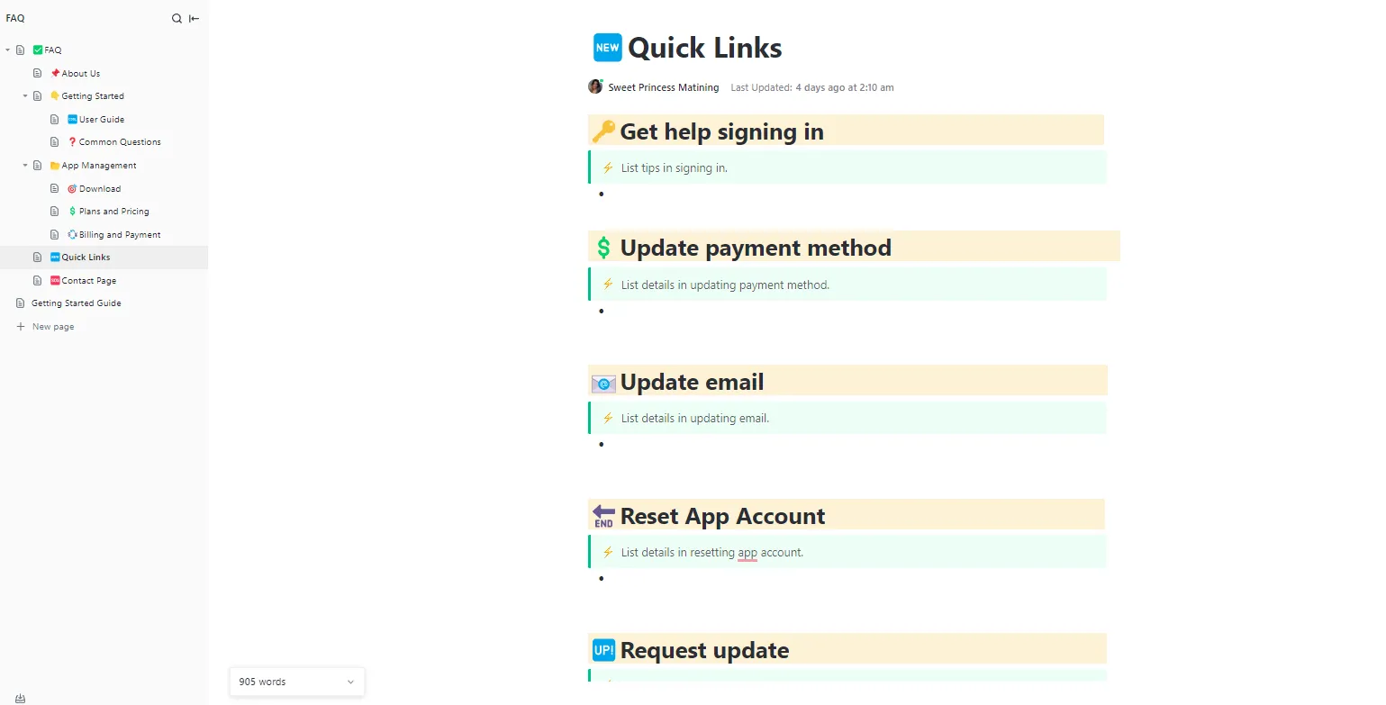 Modèle de document FAQ ClickUp : centralisez les requêtes avec des réponses claires, un moyen facile de créer une page FAQ.