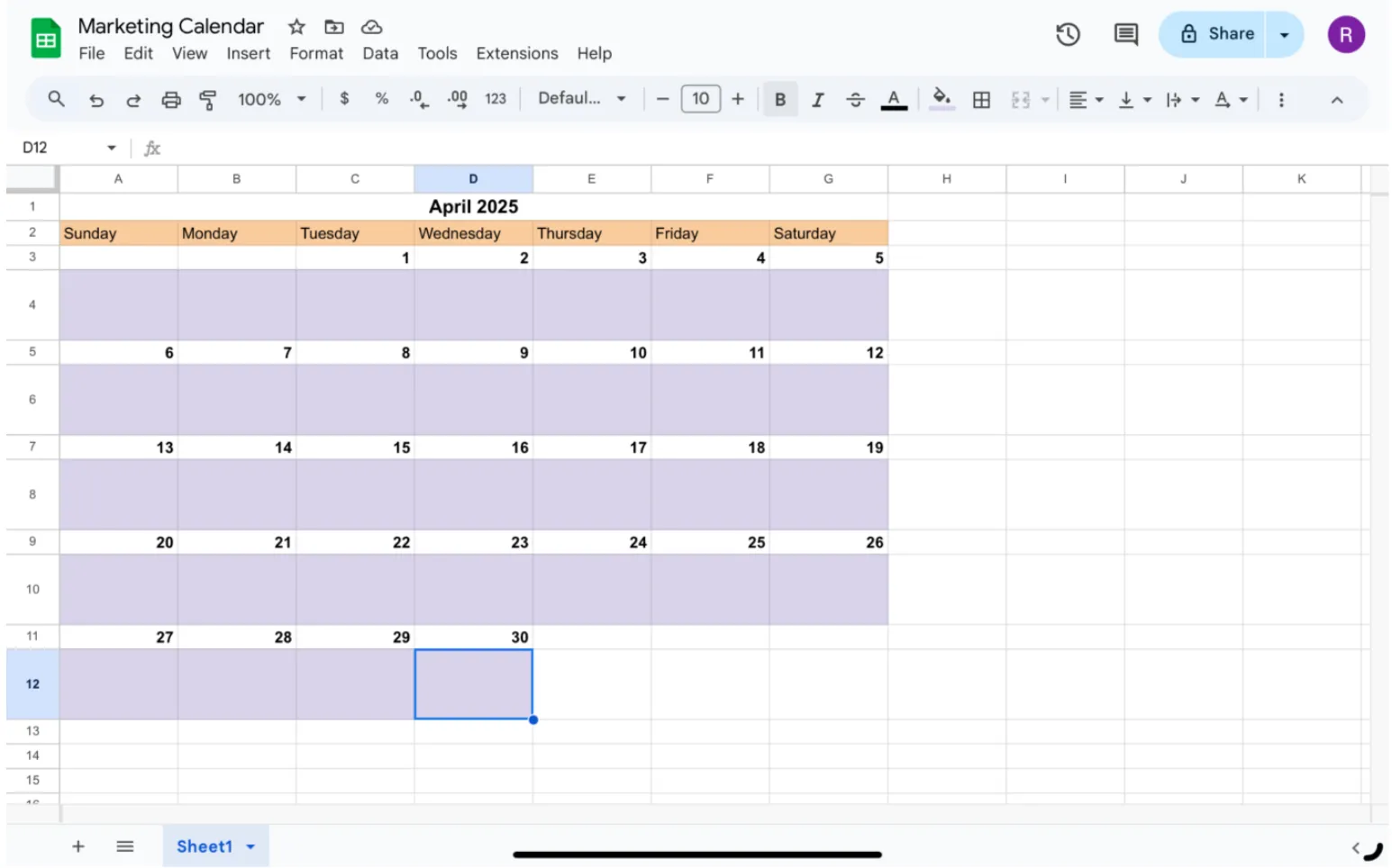 Benutzerdefinierte Einstellungen für Zellen in Ihrem Google Tabellen-Kalender