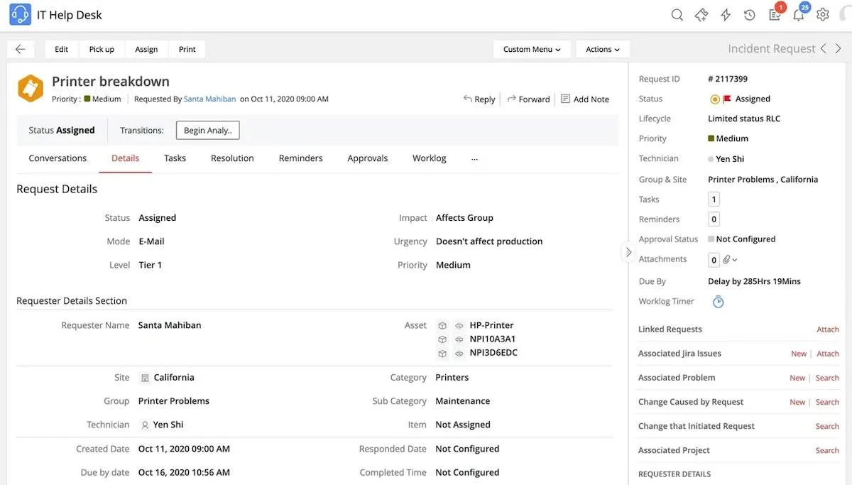 ServiceDesk Plus sự cố máy in