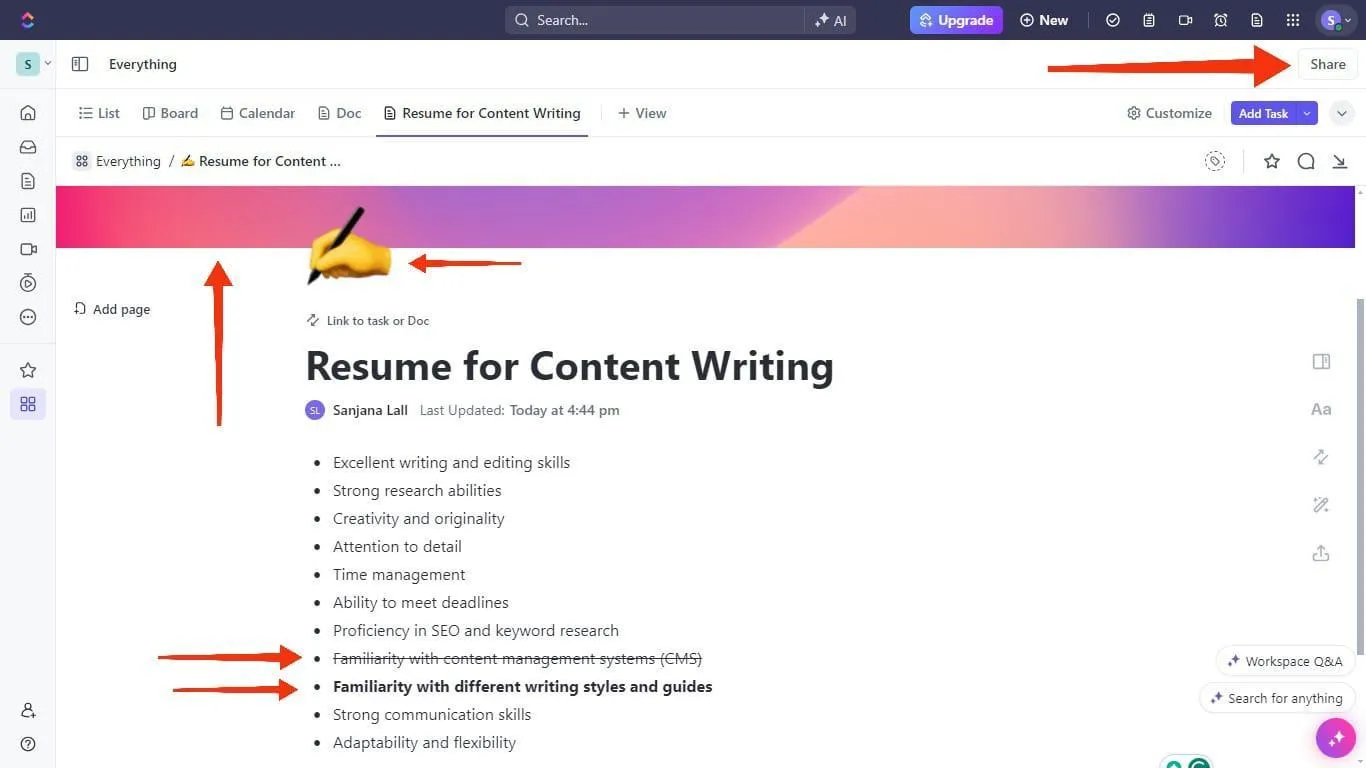 Използвайте ClickUp Docs, за да запишете примери за лични умения за автобиографията си.