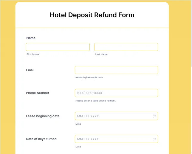 Шаблон за формуляр за възстановяване на депозит в хотел от Jotform; шаблон за хотелска разписка