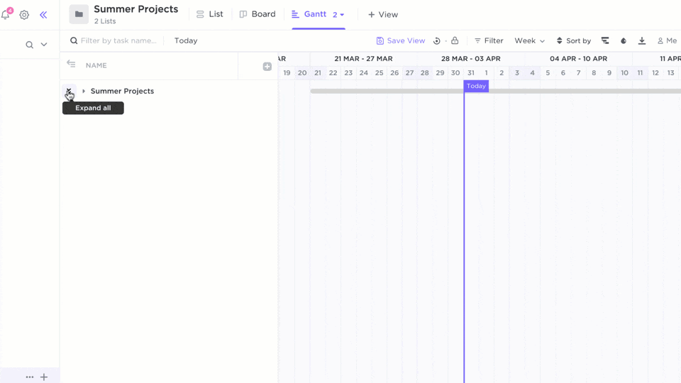 Vista de diagrama de Gantt en ClickUp