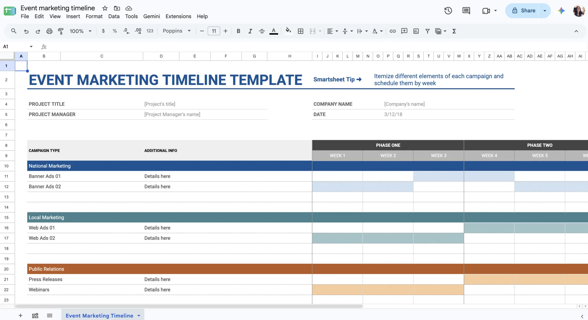 Modello di sequenza per il marketing degli eventi in Fogli Google