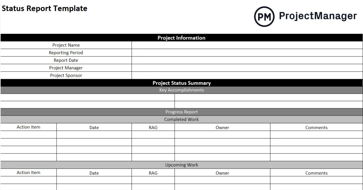 Šablona Excel pro projektovou chartu Status Report od ProjectManager
