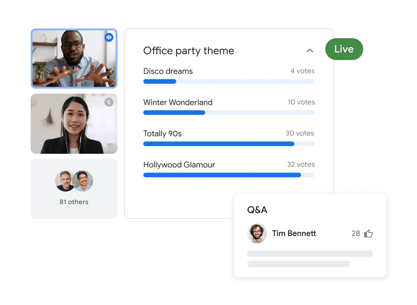 Håll videomöten och gör planer genom att integrera Google Meet och Google Chat.