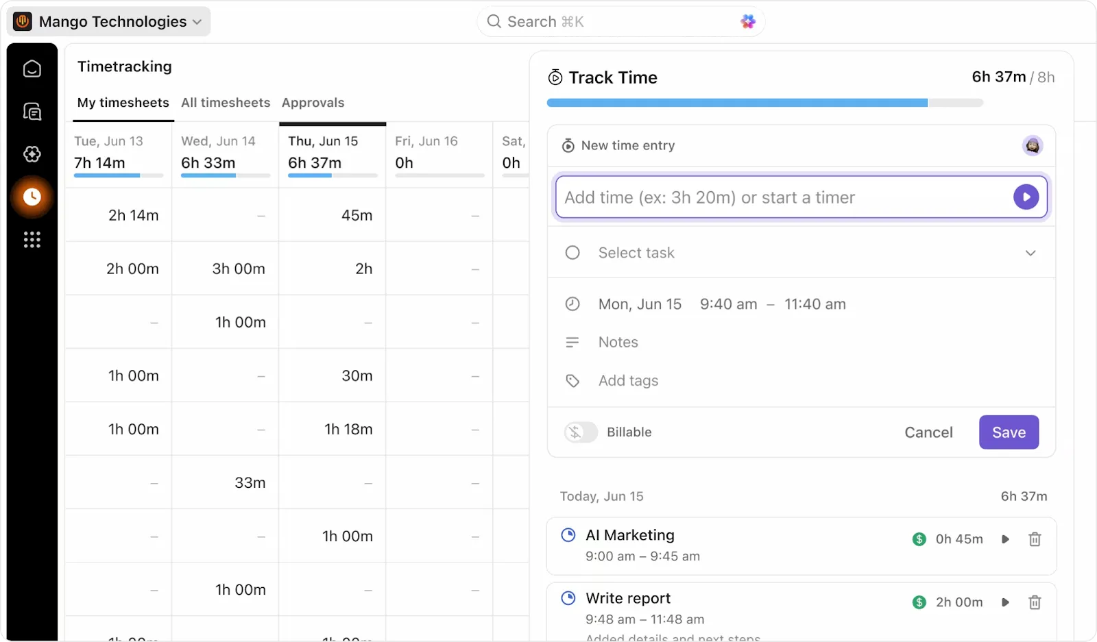 Hitask vs ClickUp: tieni sotto controllo come impieghi il tuo tempo con ClickUp Monitoraggio del tempo