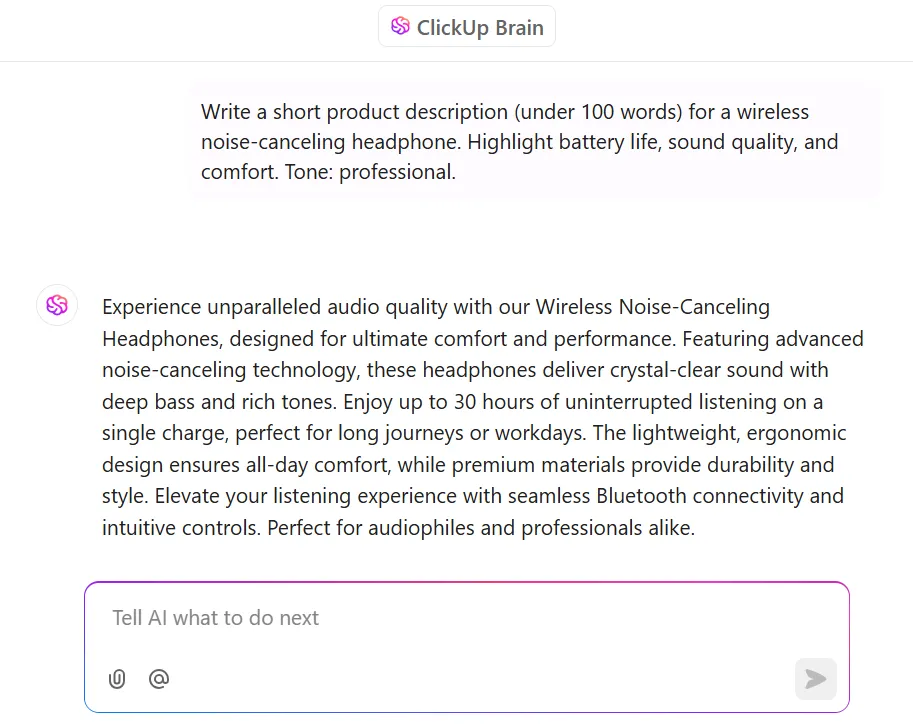 ClickUp Brain을 사용하여 길이에 상관없이 제품 설명을 작성하세요