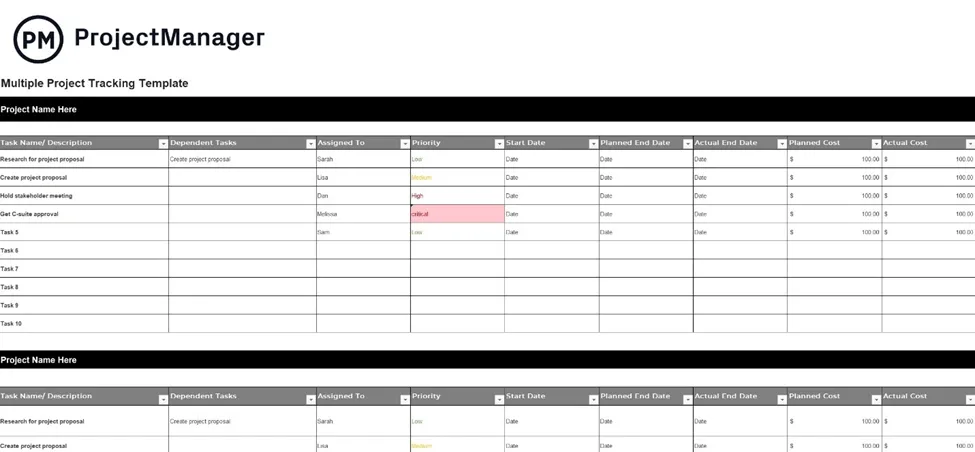 Šablona Excel pro sledování více projektů od ProjectManager: šablona Excel pro sledování více projektů