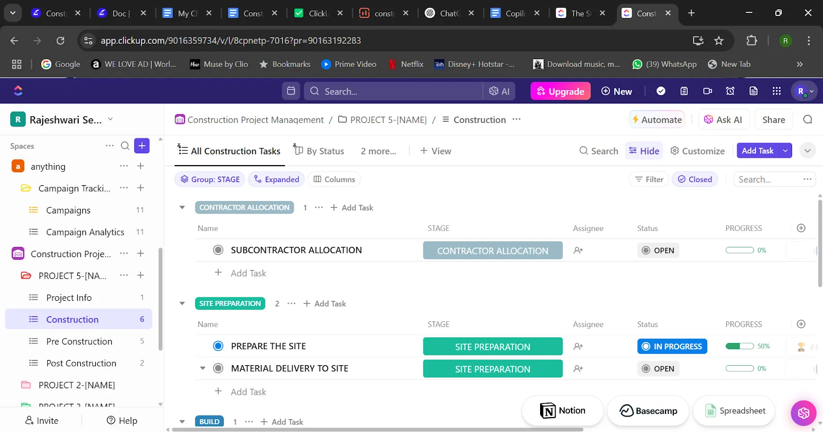 เทมเพลตการจัดการโครงการก่อสร้าง ClickUp