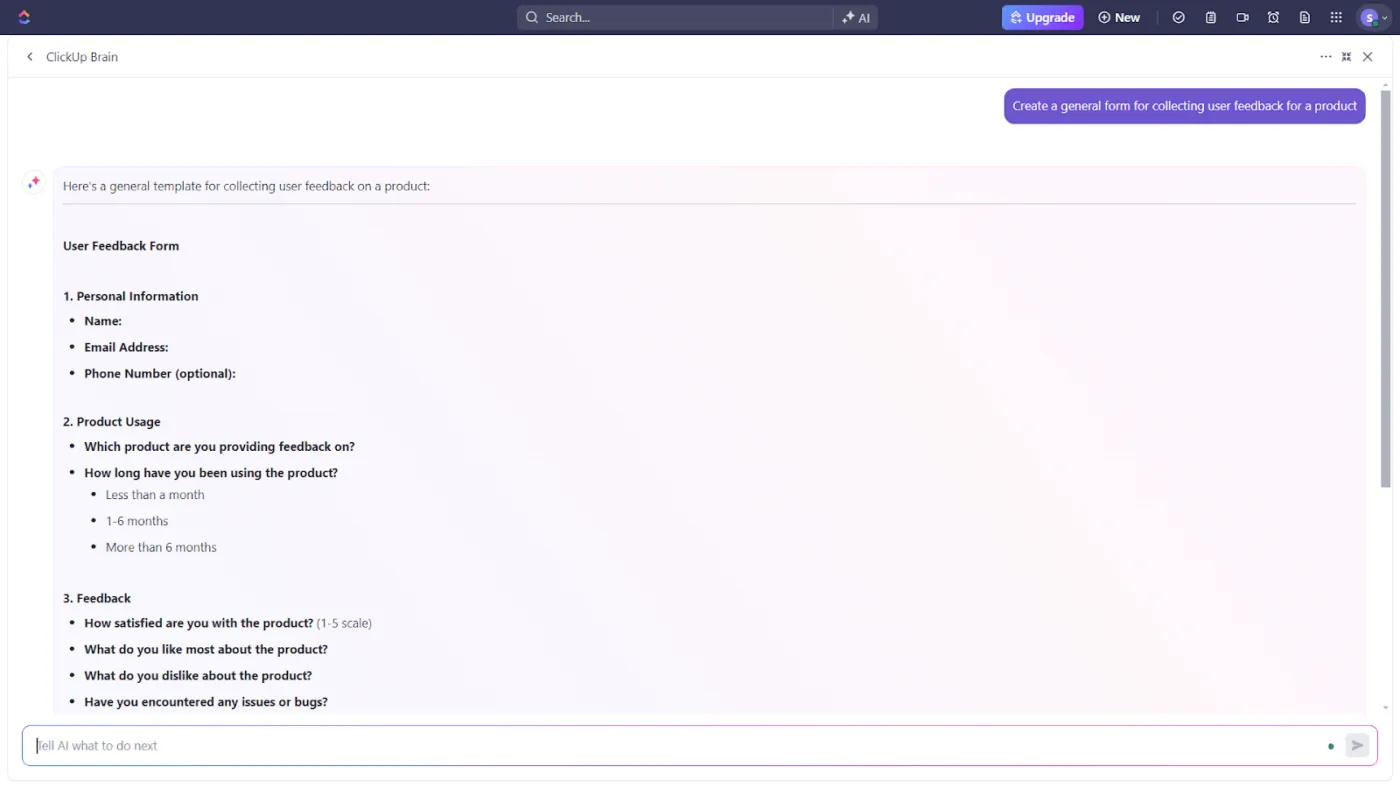 Alternatives à Jotform : ClickUp Brain