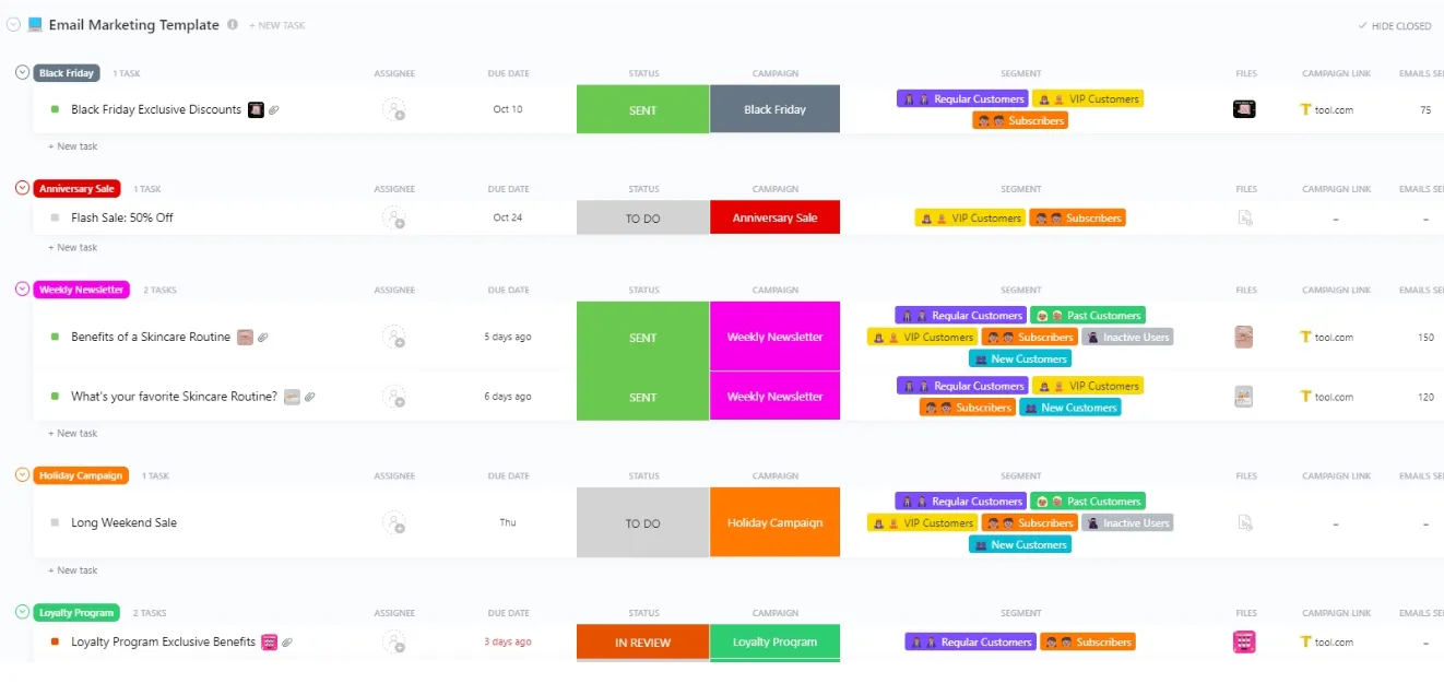 Il modello di email marketing di ClickUp è progettato per aiutarti a rimanere organizzato nella gestione delle tue campagne email.