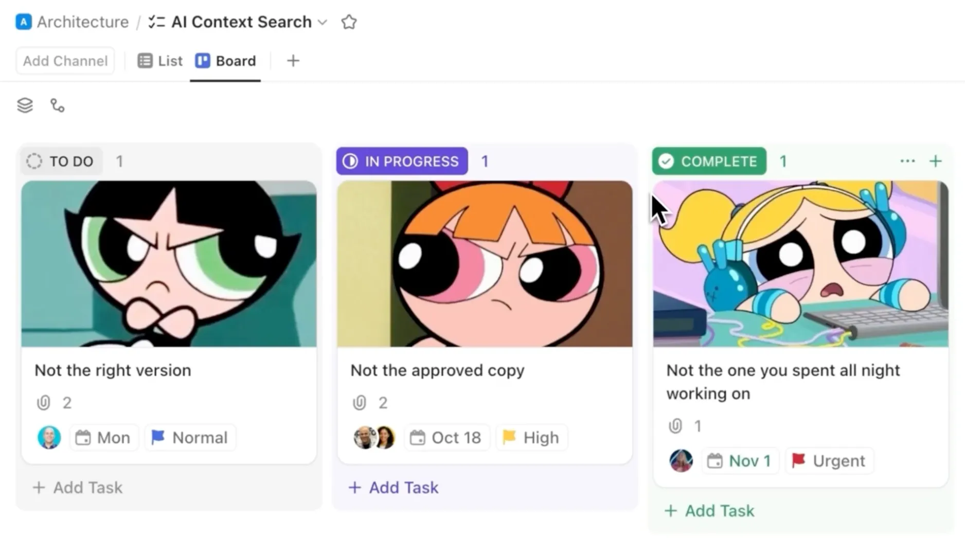 Un tableau ClickUp coloré illustre ces idées de listes de tâches esthétiques à l'aide de colonnes « À faire », « En cours » et « Terminé ». Les cartes de tâches comportent des images de couverture représentant des personnages de dessins animés, des titres de tâches, des avatars des personnes assignées, des dates et des libellés de priorité.