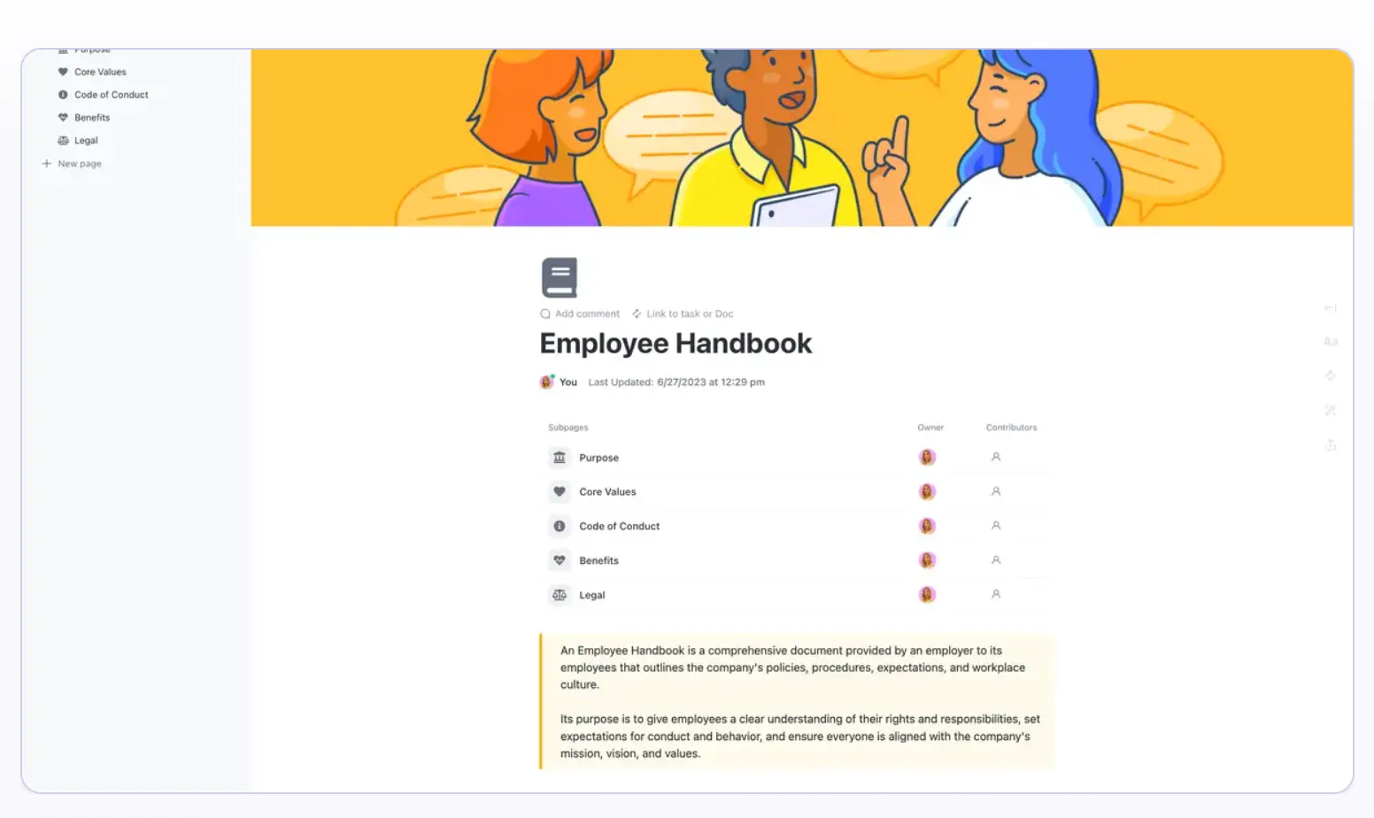 Organisez toutes les sections nécessaires pour votre manuel de l'employé grâce au modèle de manuel de l'employé de ClickUp.