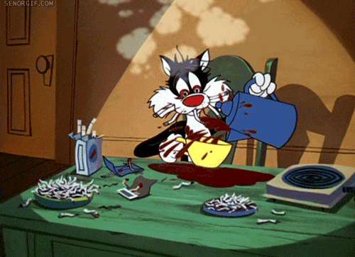 Sylvester, el gato que sirve café frenéticamente.