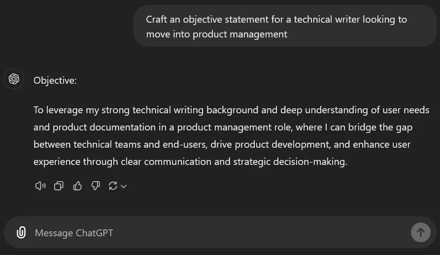 Doelstelling voor een technisch schrijver: chatgpt cv-prompts