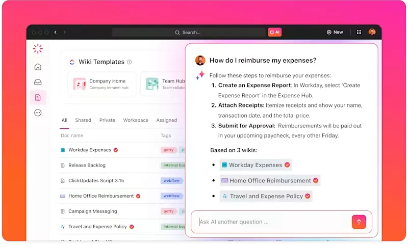 ClickUp AI do zarządzania wiedzą i natychmiastowych odpowiedzi
