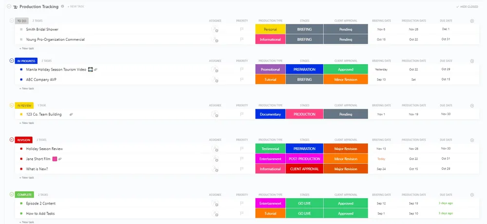 Gestiona los calendarios de producción con la plantilla de seguimiento de producción de ClickUp.