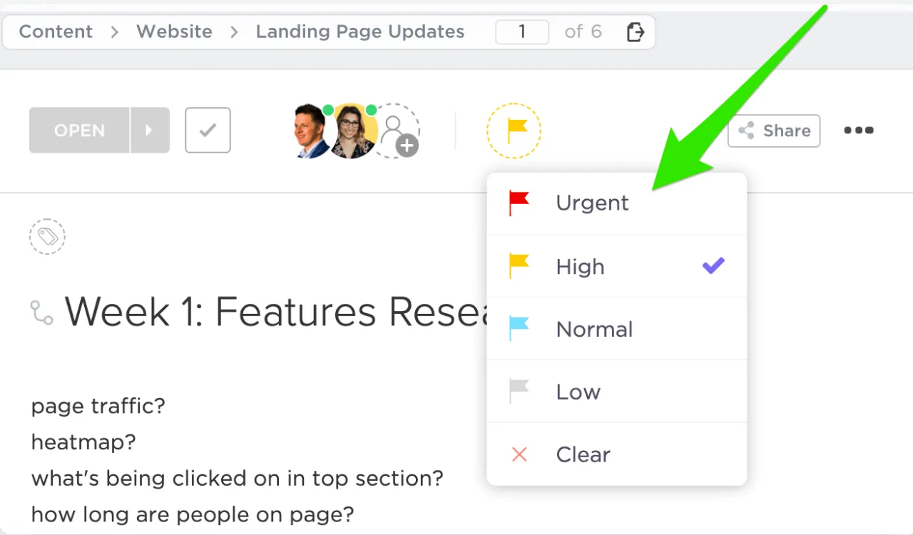 Prioridades de tareas de ClickUp