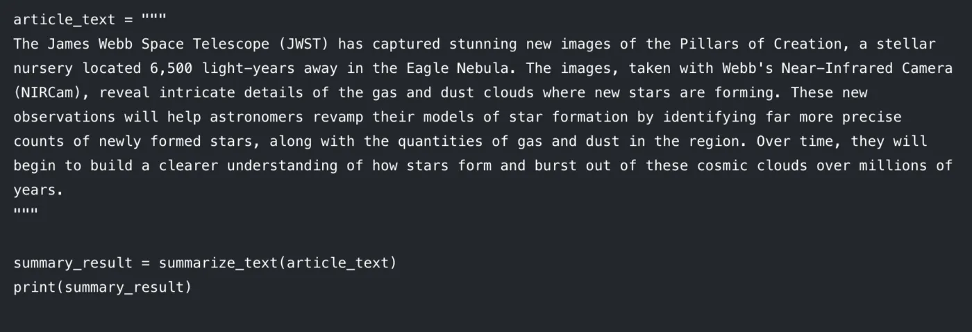 Ejemplo de resumen de un artículo sobre el telescopio espacial James Webb utilizando la función de resumen personalizada.