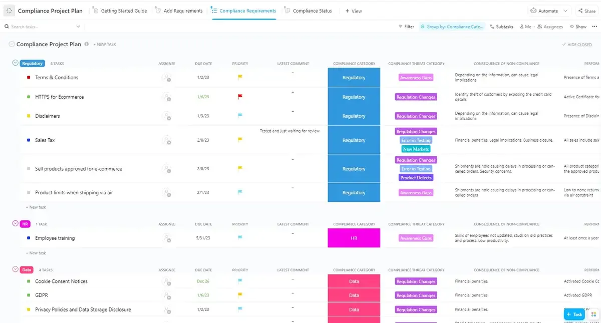 Le modèle de plan de projet de conformité de ClickUp vous donne une longueur d'avance dans votre processus de planification.