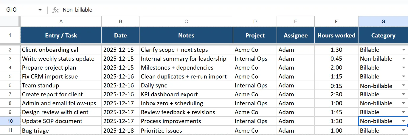 Công thức Excel cho việc theo dõi thời gian - Phân chia giữa thời gian tính phí và không tính phí