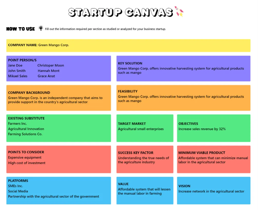 เทมเพลตไวท์บอร์ด ClickUp Startup Canvas